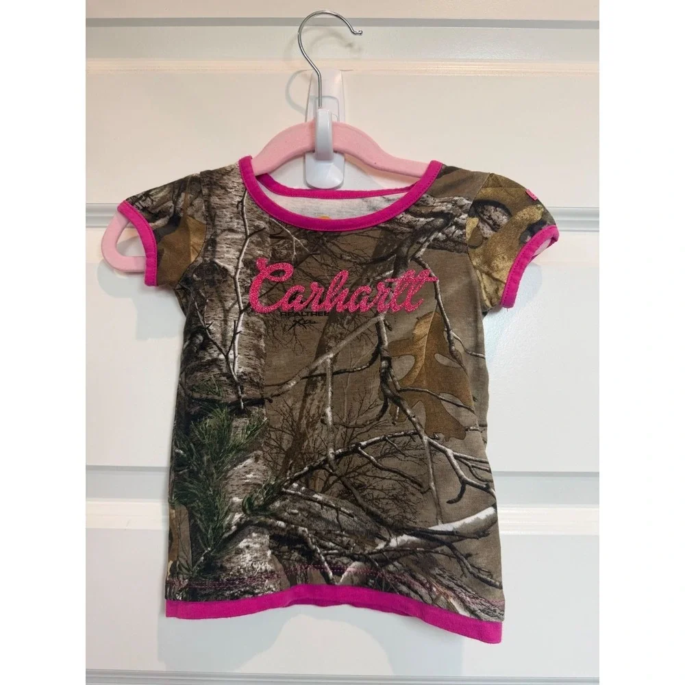 27.Carhartt Kids 12M Realtree Camo Pink Glitter Logo Short Sleeve T-Shirt